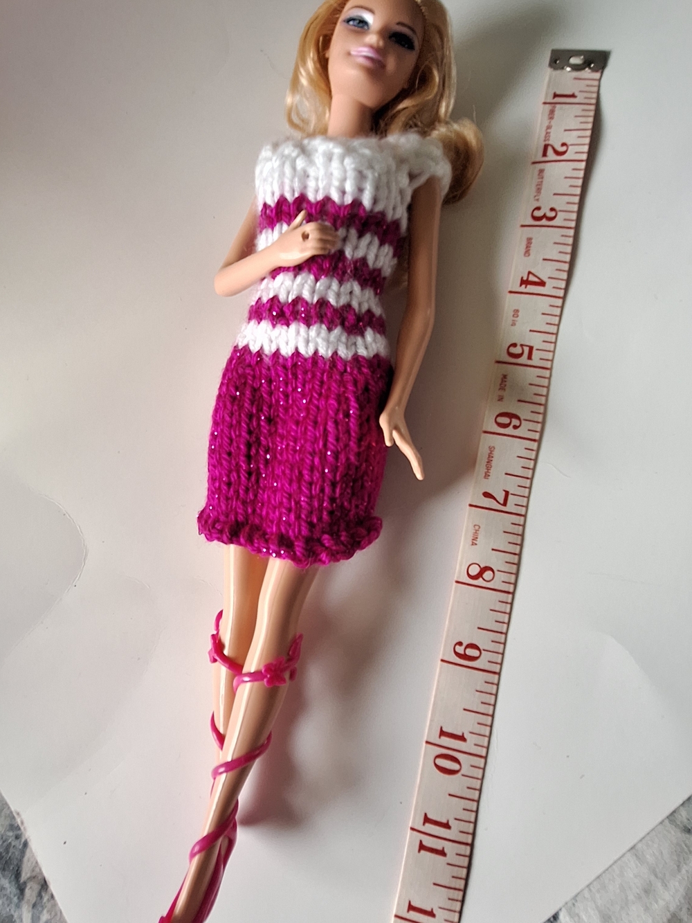 Barbie With Handmade Knit Dress in Fuchsia and White